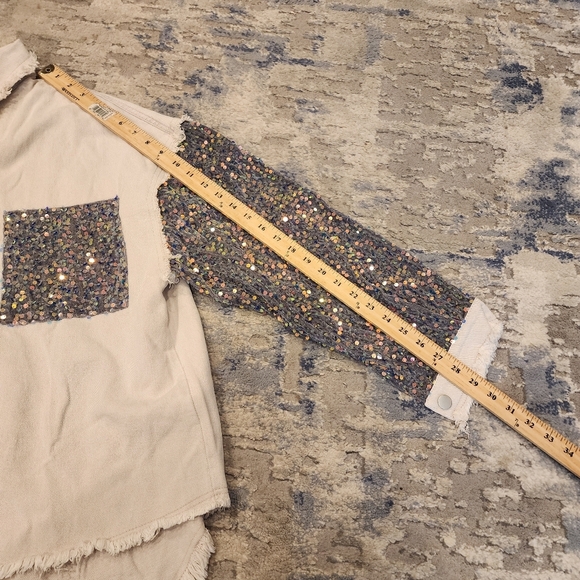 NWT HIMYTHE Beige Oversized Twill Denim Sequin Shacket Sparkle Large - Picture 5 of 17